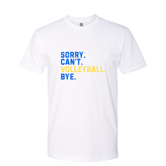 Sorry. Can't. Volleyball. Bye.  Blue and Yellow